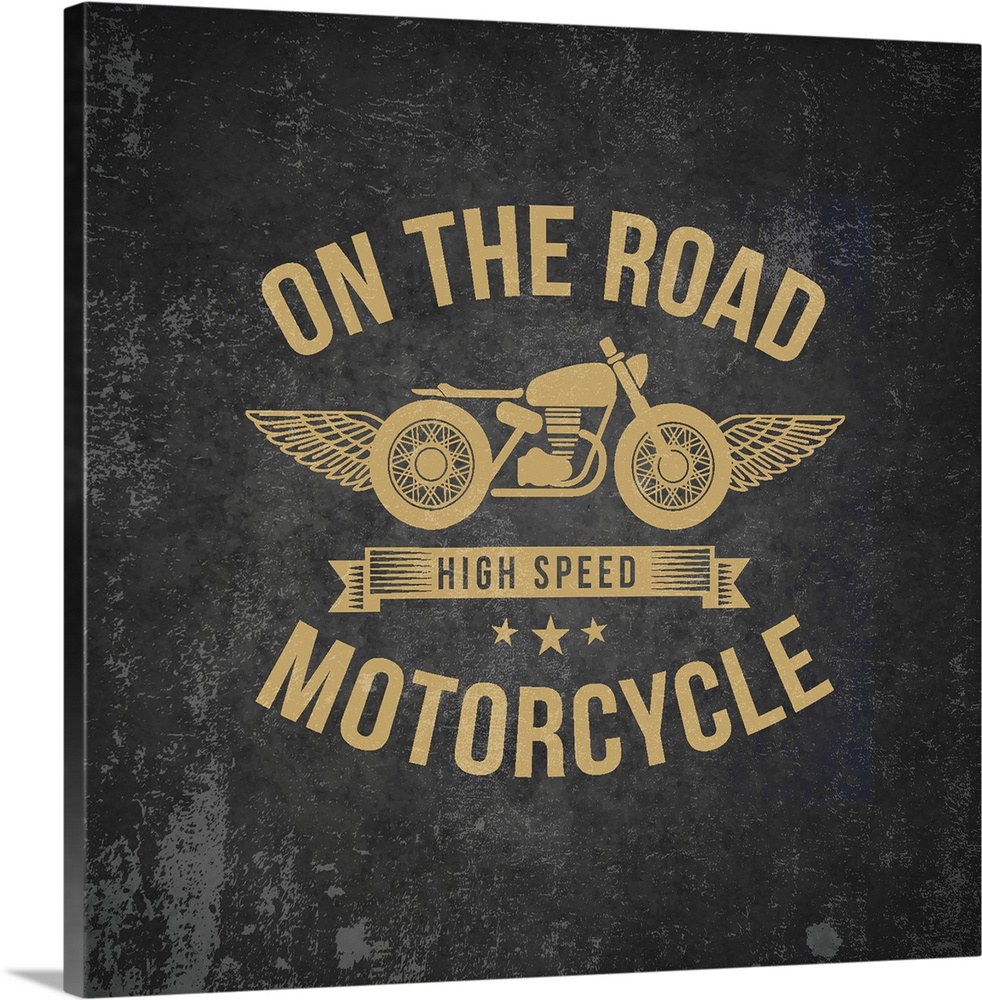 Gold and black garage sign with a motorcycle and wings design.