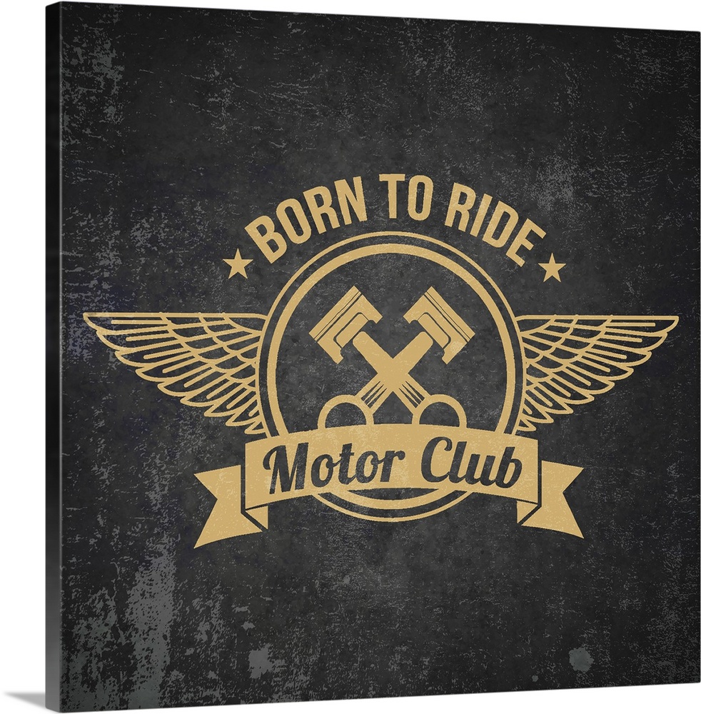 Gold and black garage sign with a pistons and wings design.