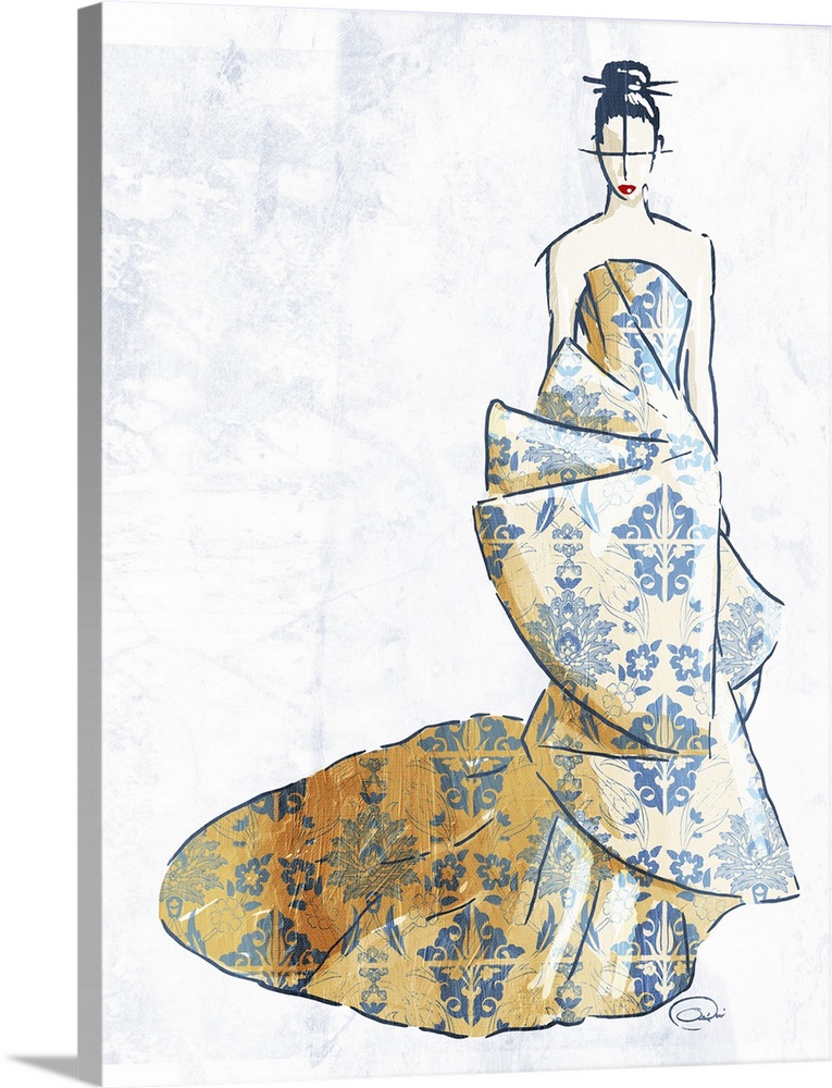 Artwork of a fashion model wearing an Asian-inspired gown.