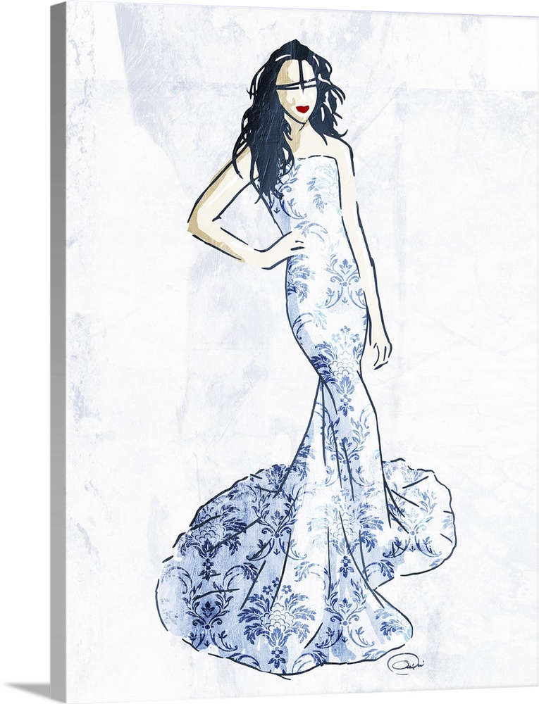 Artwork of a fashion model wearing an Asian-inspired gown.
