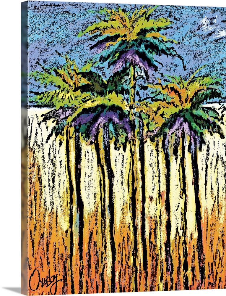 Contemporary piece of art of a group of tall palm trees. In a modern textured style.