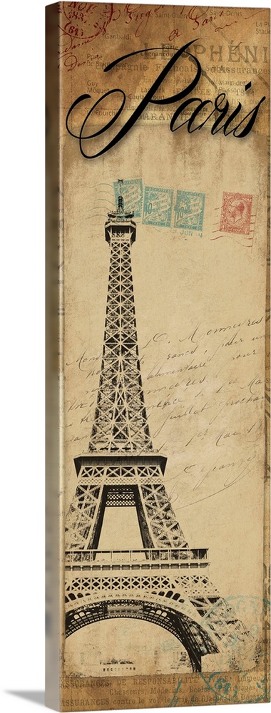 Artwork of the Eiffel Tower against a postage patterned background. With "Paris" at the top of the image.