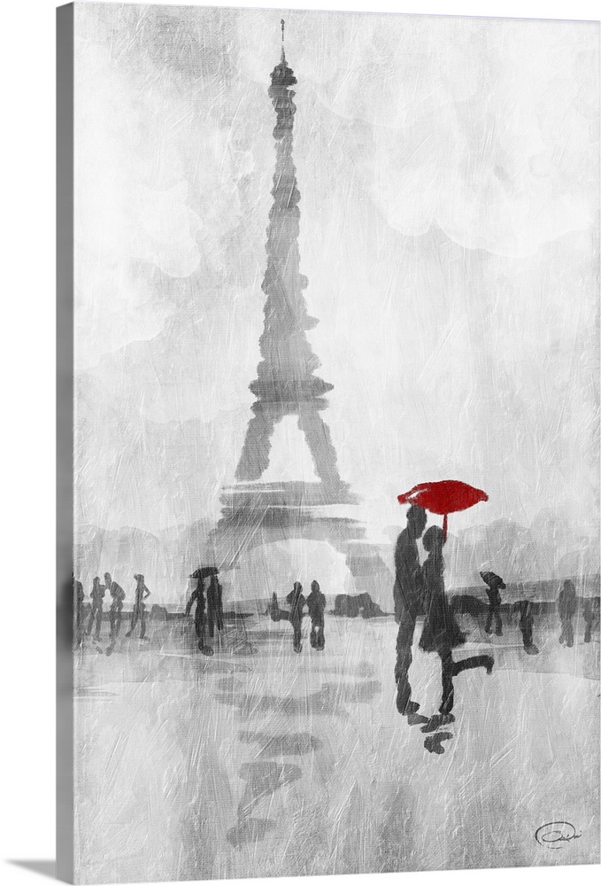 Watercolor painting of a couple with a red umbrella embracing near the Eiffel Tower.