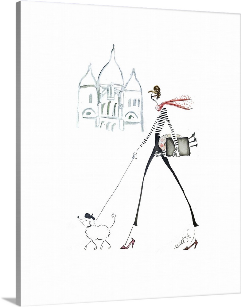 Artwork of a slender fashionable woman walking her small dog with a Parisian landmark in the background against white.