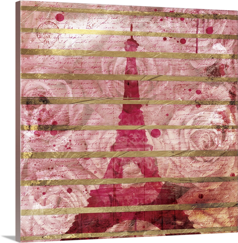 A pink watercolor painting of the Eiffel Tower on a background with pink roses and handwritten text with paint splatter an...