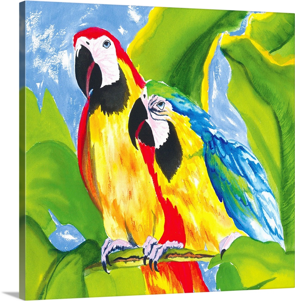 Contemporary artwork of two brightly colored macaw parrots, sitting on a branch together. Surrounded by large lush tropica...