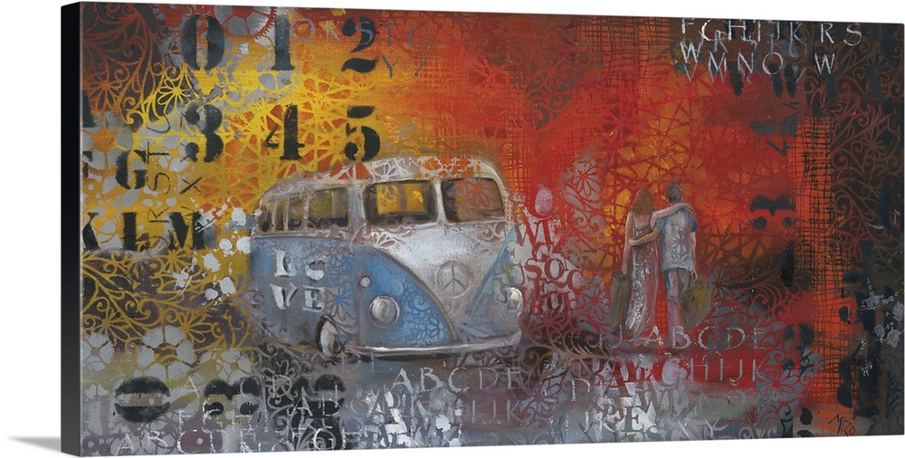 Painting of a blue Volkswagen bus embellished with paint splatters and stenciled numbers.
