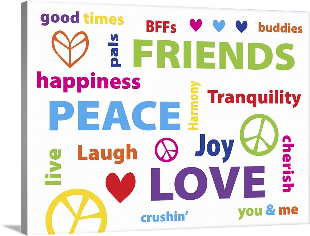 Typography art with the words "Peace, Love, Friends" in many different languages.