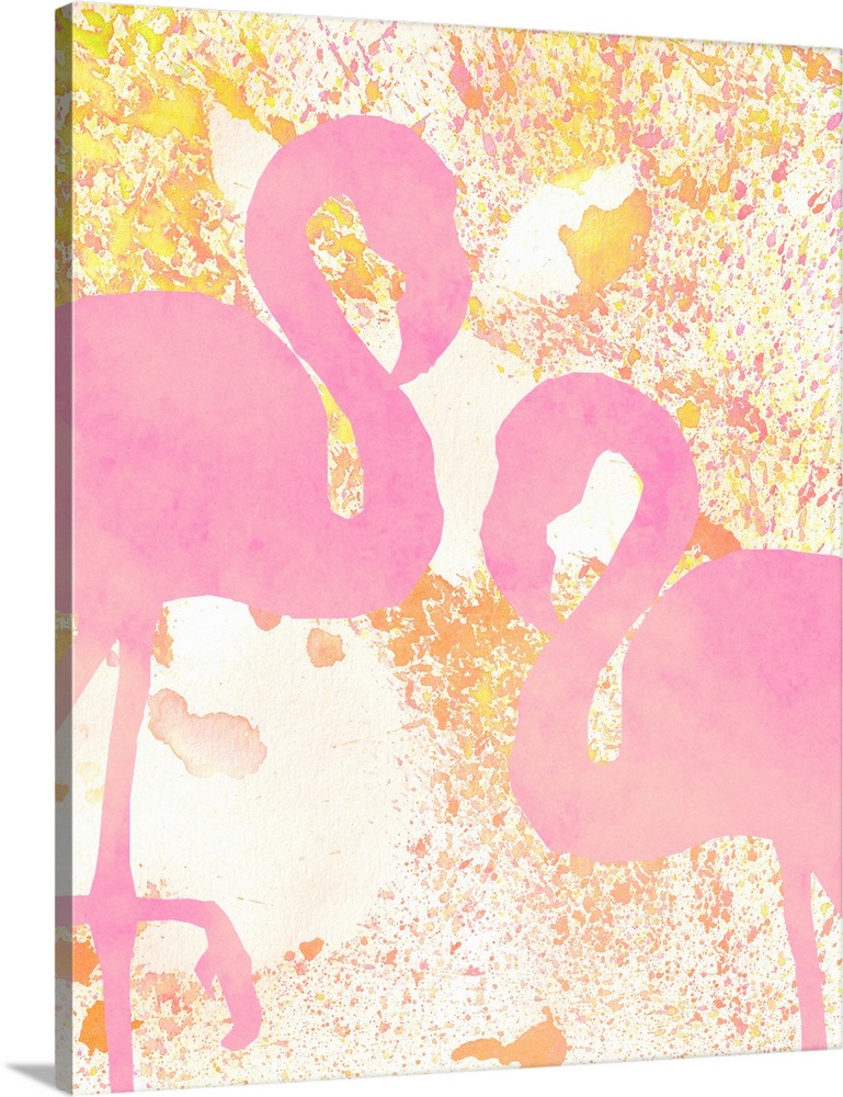 A watercolor painting of two pink flamingos on a yellow, orange, and pink paint splattered background.