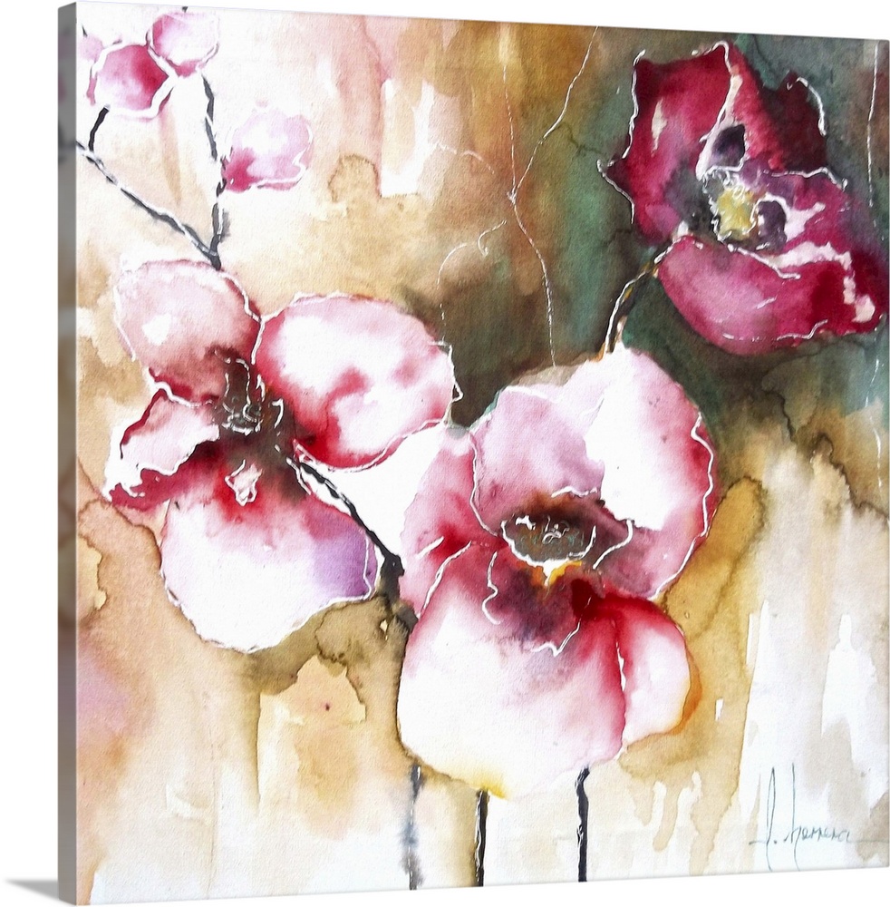 Contemporary painting of several bright pink orchid flowers.