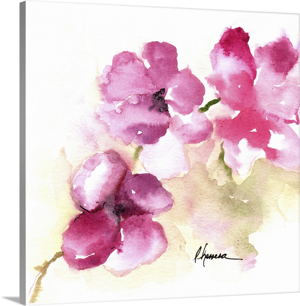 Watercolor painting of delicate pink posy flowers.