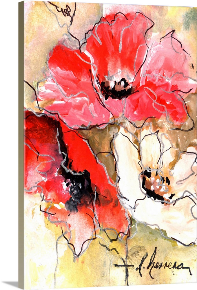 Red and white poppies in watercolor with ink outlines.