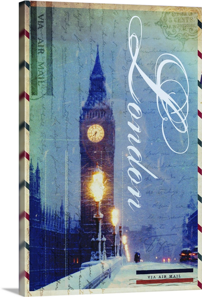 Contemporary London postcard artwork with the Big Ben clock tower on the face of the card.