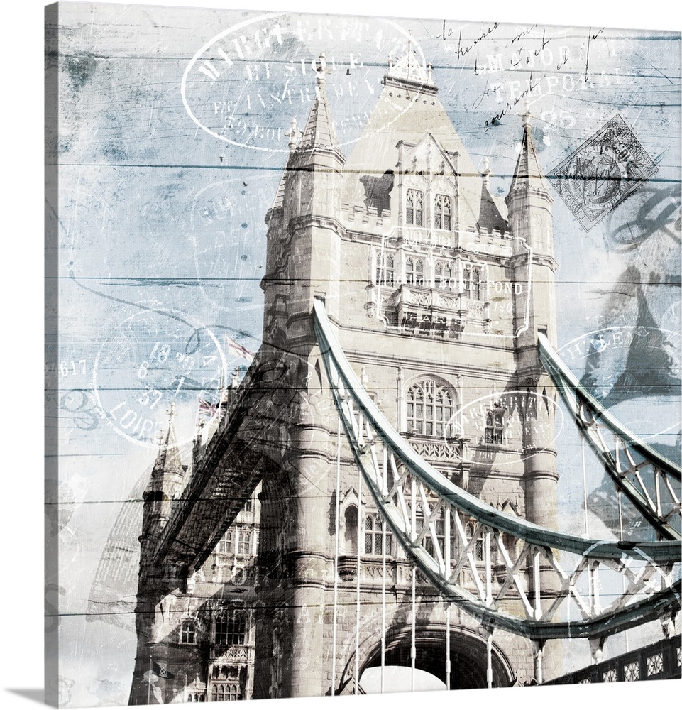 Square photograph of part of Tower Bridge in London, England with a faint wood panel and postage stamp overlay.