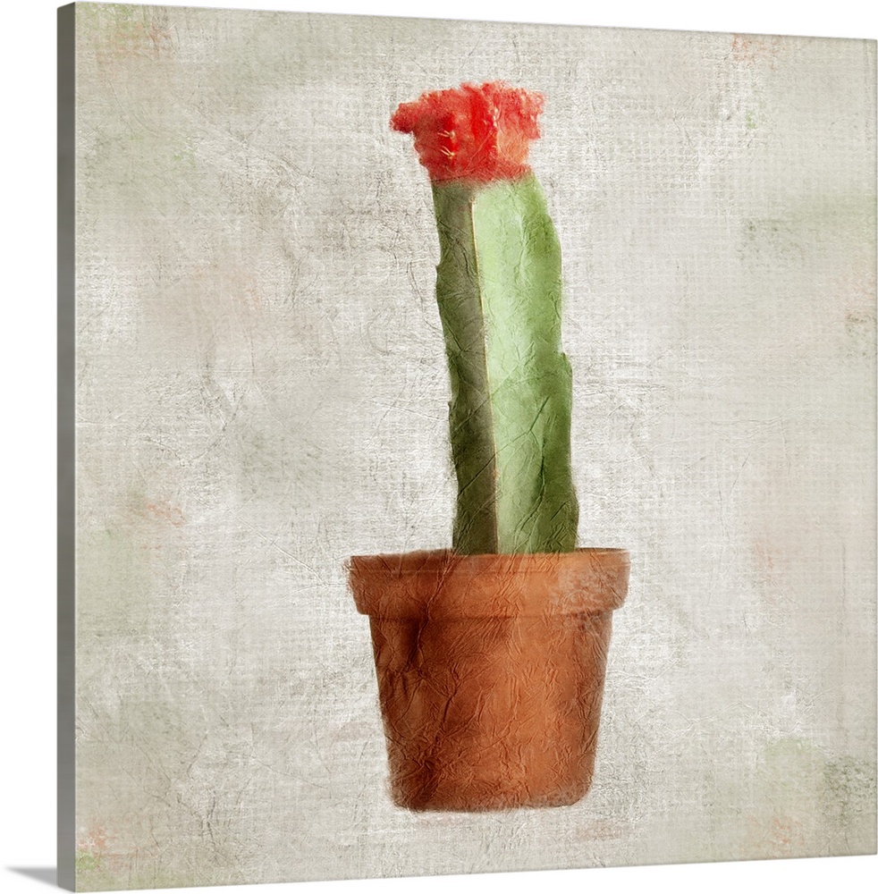 A textured painting of a potted cactus with a flower blooming at the top.