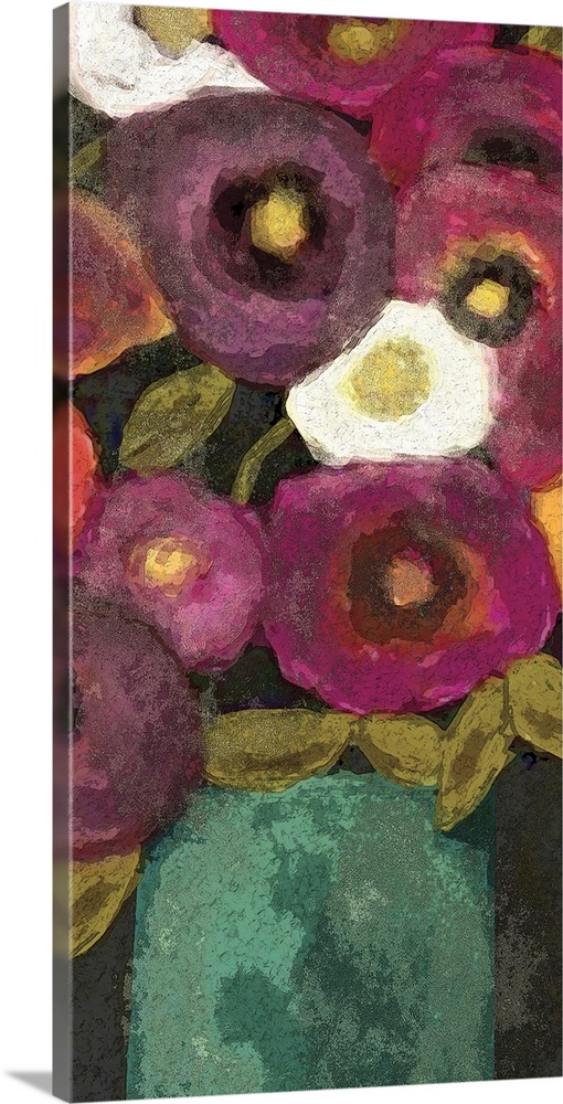 A contemporary painting of a flower arrangement that has pink, purple and orange flowers set in a teal vase.