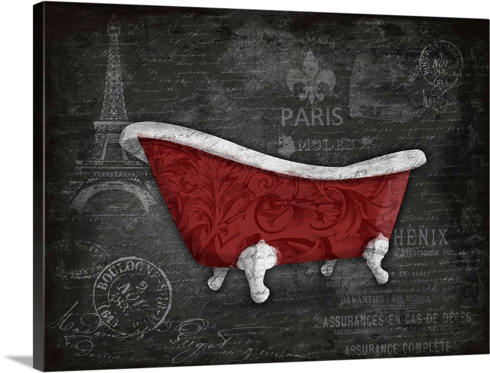 Red cast iron claw foot bathtub against a postage style background with Eiffel Tower.