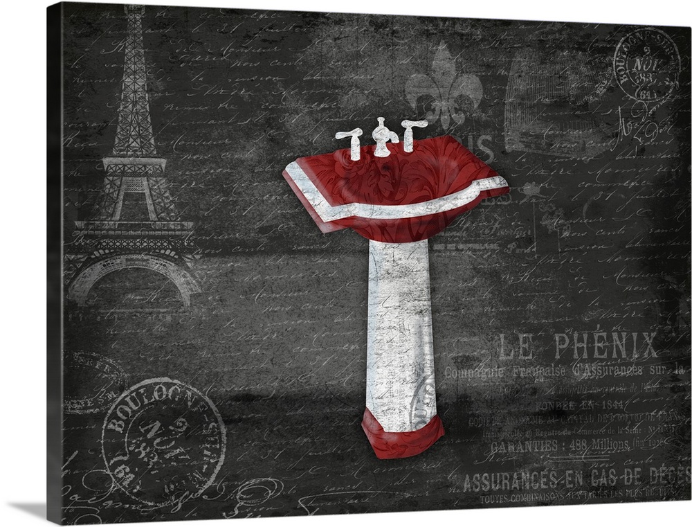 Red sink against a postage style background with Eiffel Tower.