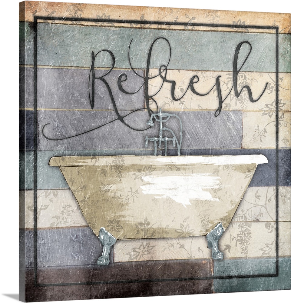 A painting of a bathtub on a multi-color blue wooden panel background with a floral design and the word ?Refresh? at the top.