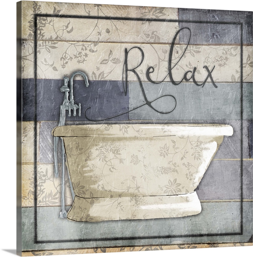 A painting of a bathtub on a multi-color blue wooden panel background with a floral design and the word ?Relax? at the top.