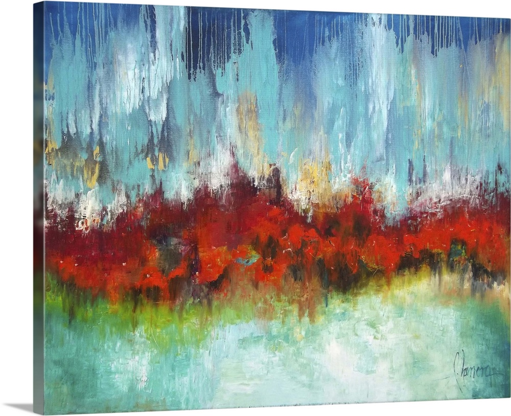Brightly colored contemporary abstract painting with heavy texture.