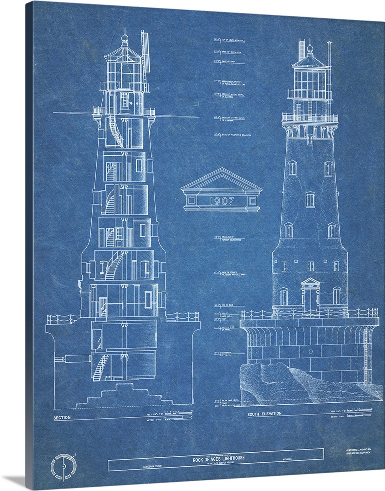 Contemporary artwork in technical blueprint style of Rock of Ages lighthouse.