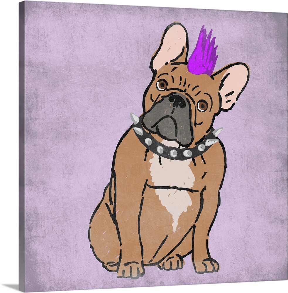 A painting of a frenchie with a fuchsia mow-hawk and a spiked collar.