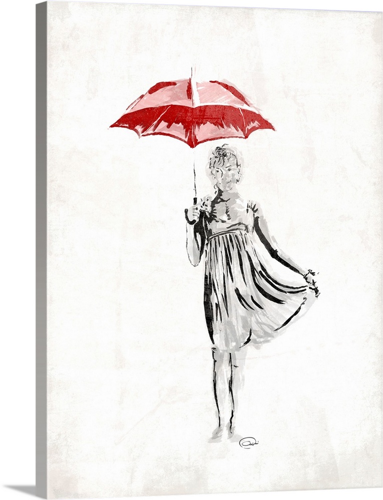 Contemporary piece of art with a woman holding a red umbrella.