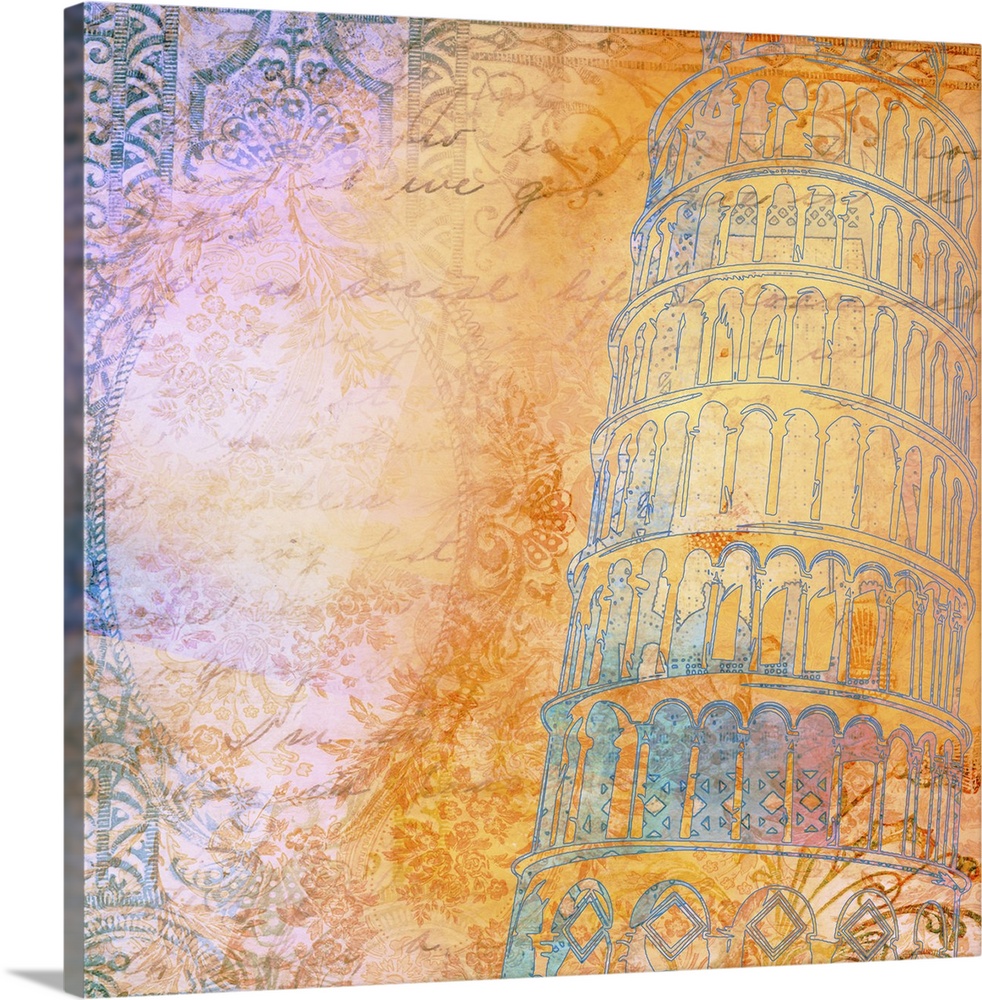 Contemporary travel artwork of the Leaning Tower of Pisa, surrounded by ornate and decorative floral patterns.