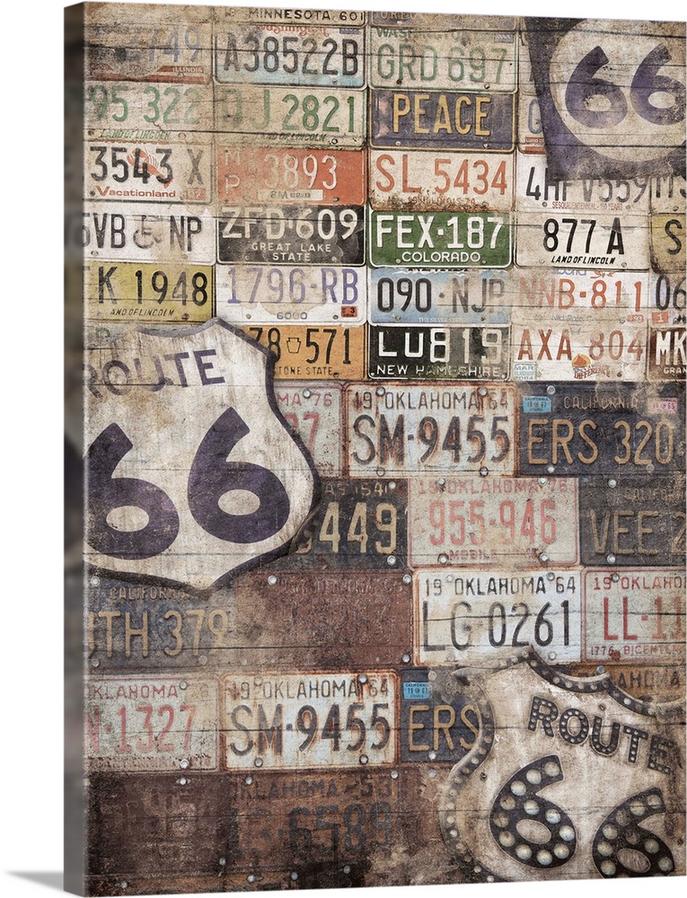 Image compilation of route 66 signs, and license plates from different states.