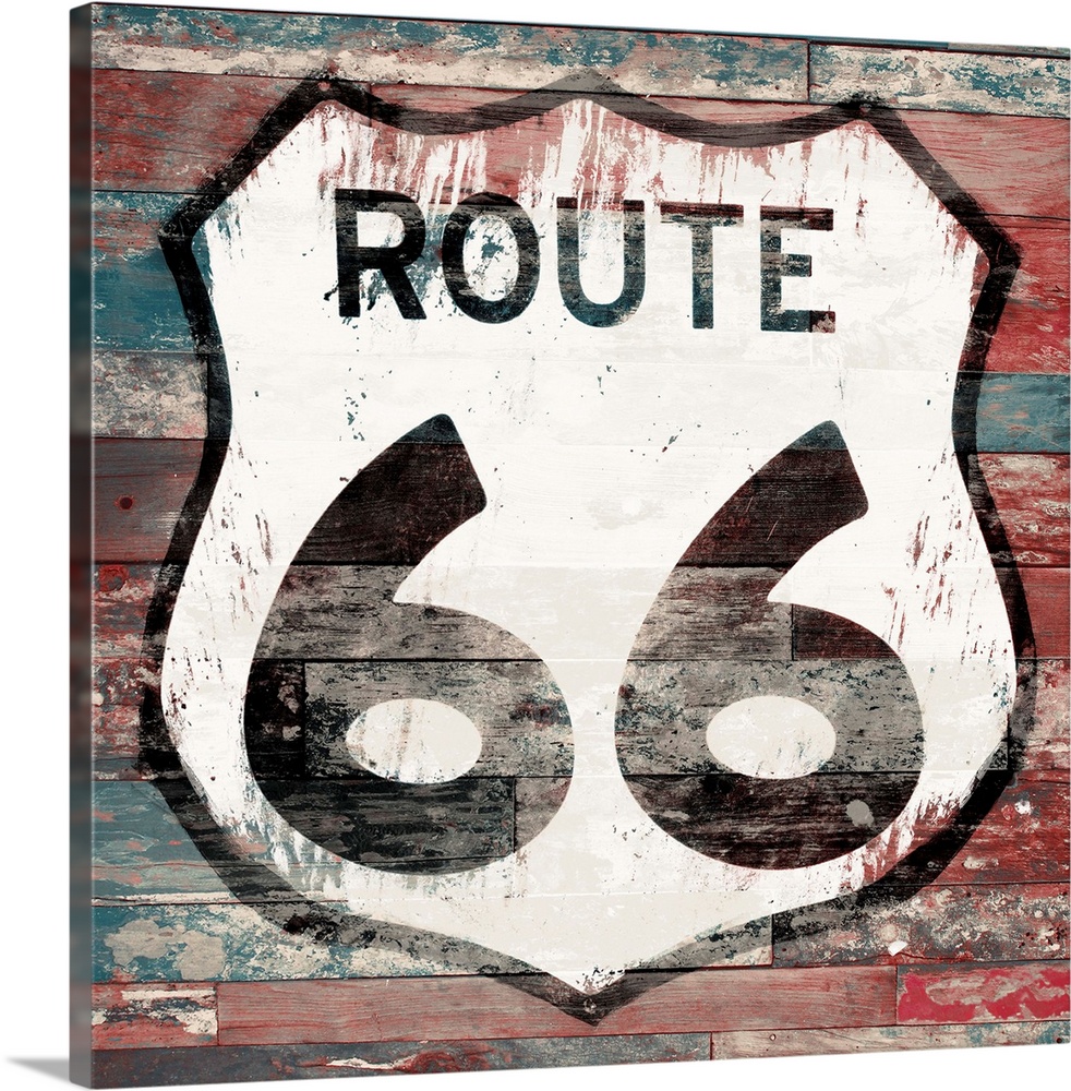 Rustic and weathered looking route 66 sign on a textured background.
