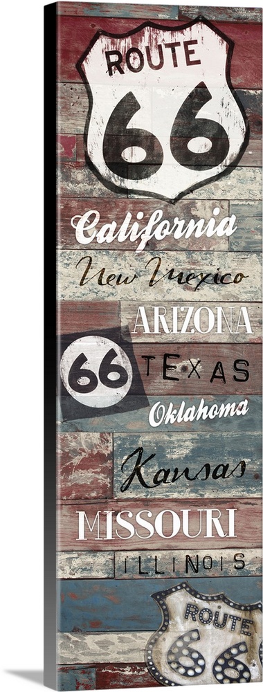Vertical artwork depicting "route 66" signs with state names.