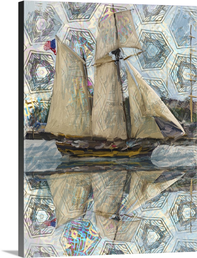 Abstract painting of a sailboat with a hexagon pattern on the sky reflecting into the water.