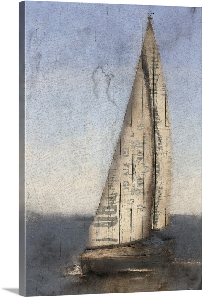 Sailboat with tall sails on dark water with a pastel sky overhead.