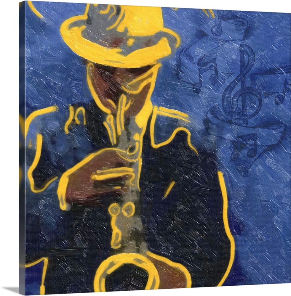 Painting of a man playing the blues on his saxophone.