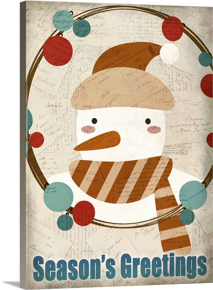 Cute holiday art of a snowman wearing a hat and scarf in a simple wreath.