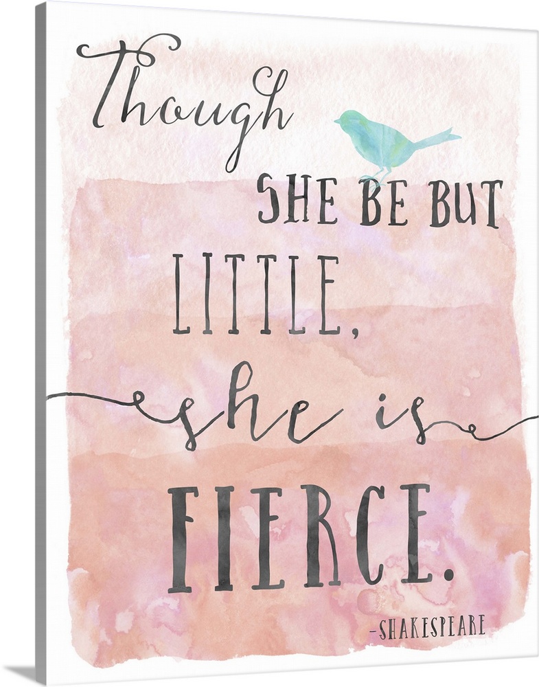"Though she be but little, she is fierce" handwritten on a pink watercolor background with a small blue bird.