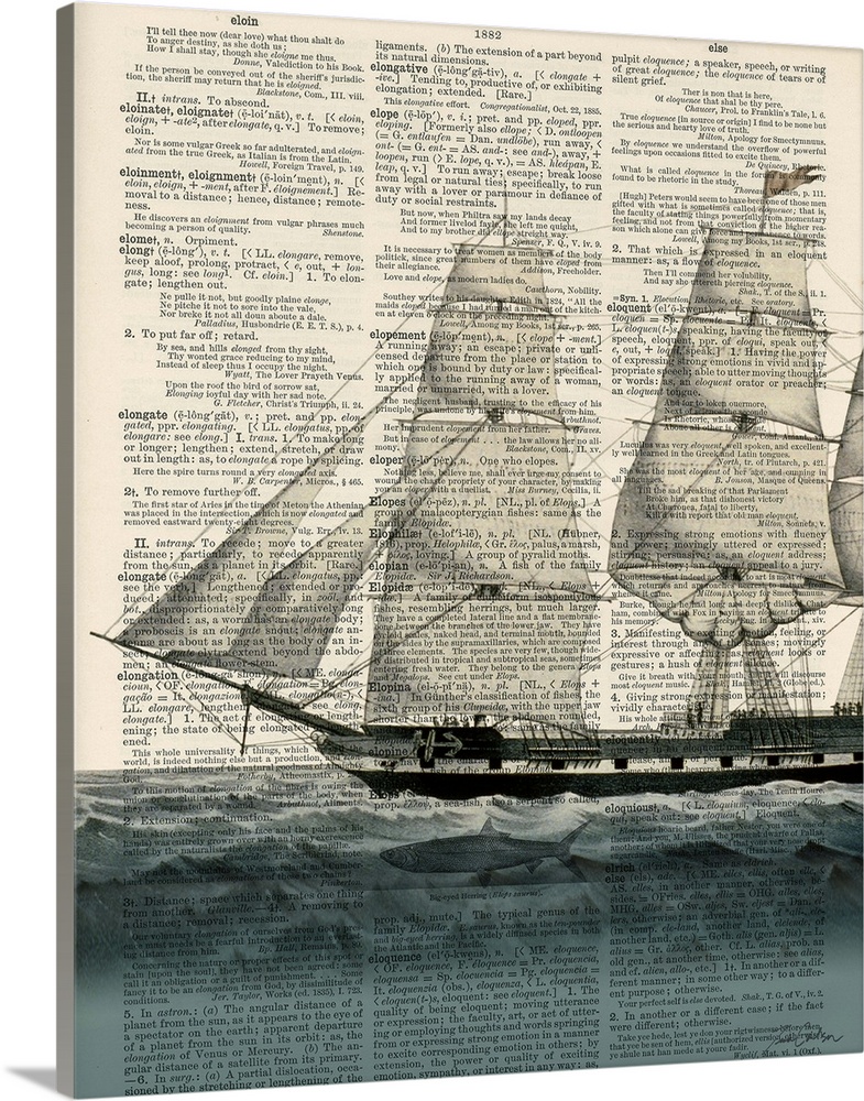 Contemporary artistic use of a page from a dictionary with a ship sailing on the water on top of the text.