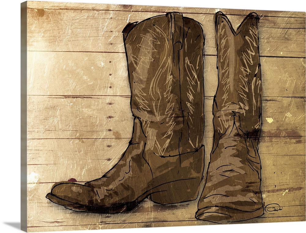 A sketch of brown cowboy boots on a rustic wood paneled background.