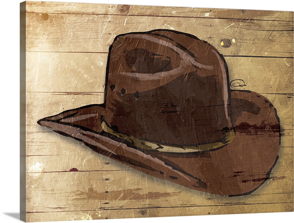 A sketch of a brown cowboy hat on a rustic wood paneled background.