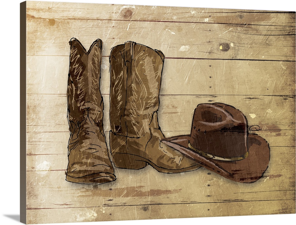 A sketch of brown cowboy boots and a hat on a rustic wood paneled background.