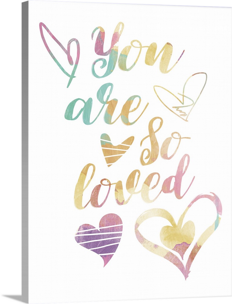 Children's typography artwork in pastel rainbow colors with a heart motif.