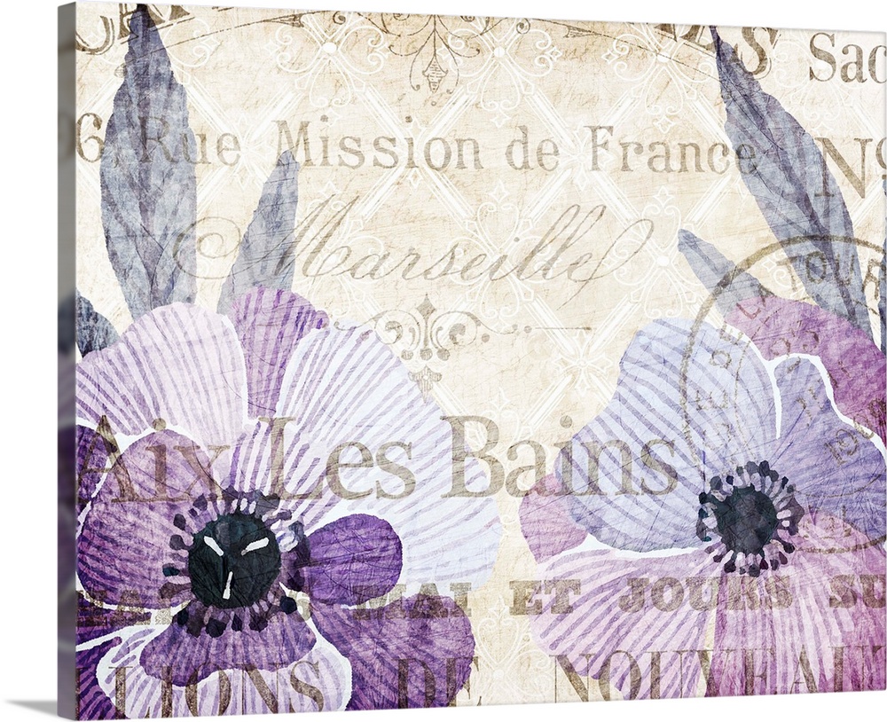Purple and indigo illustrated flowers on a sepia toned background with an overlay of French text all over.