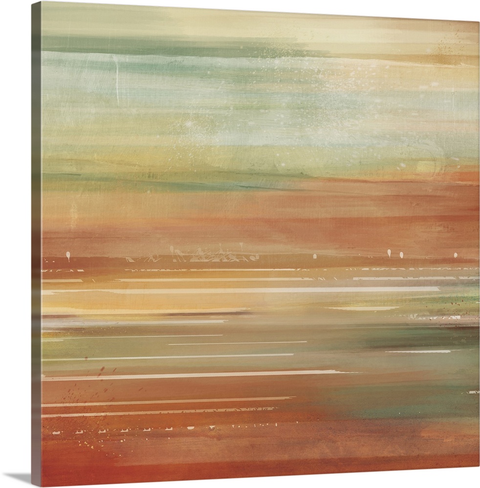 Abstract contemporary painting with warm and cool tones moving across the image.