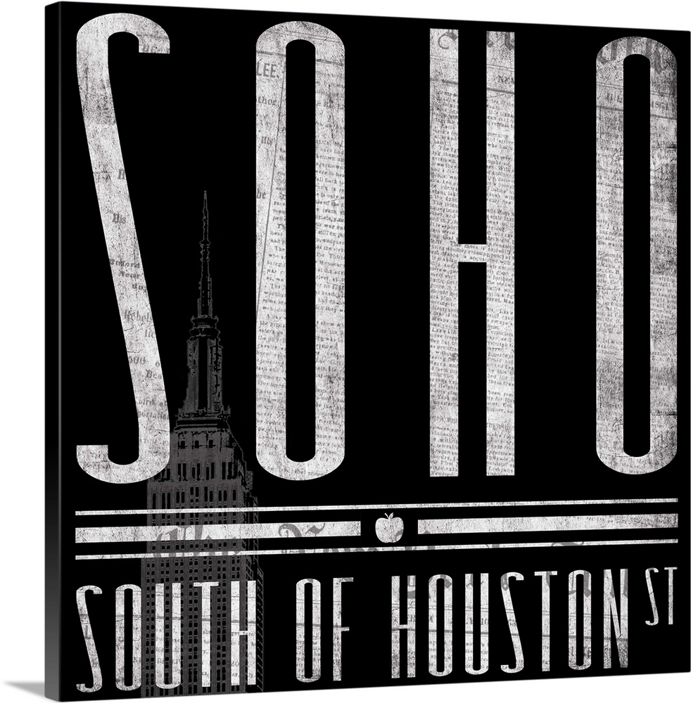Typographical artwork of New York City destination SOHO against a black background, with the Empire State Building.