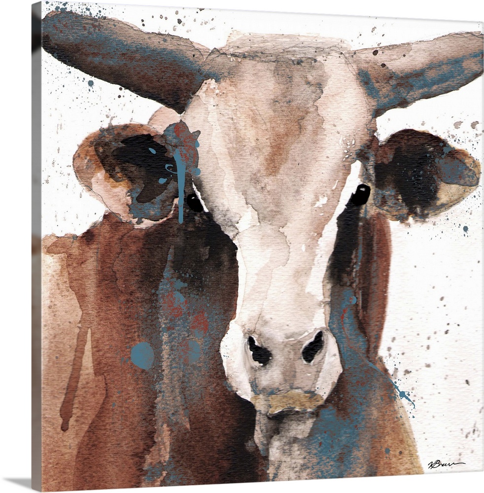 Contemporary painting of a bull against a white background with teal paint splatter in the foreground.