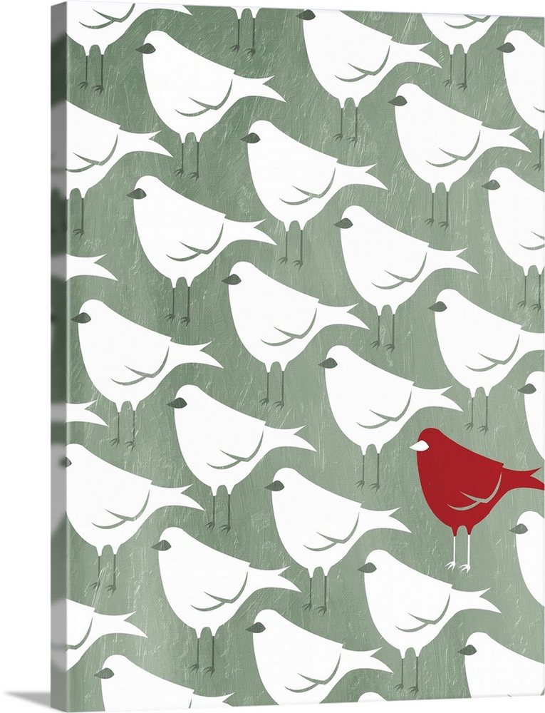 A pattern of white birds on a sea foam green background with one red bird in the bottom right corner.