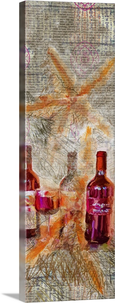 Contemporary painting of red wine bottles with big, orange starfish painted over them on top of a newspaper clipping backg...