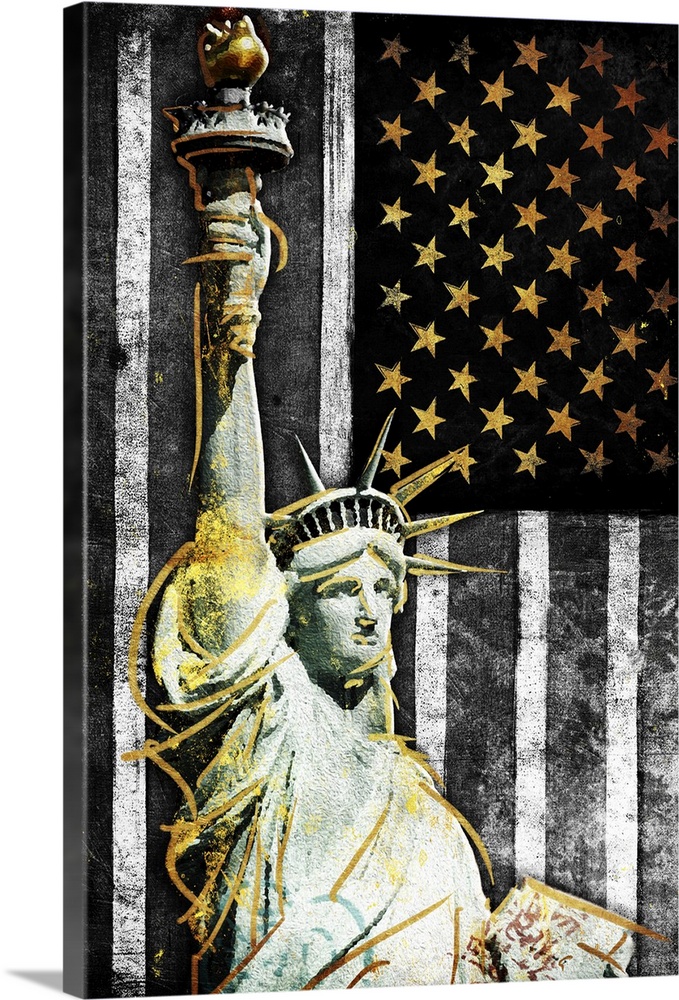 The Statue of Liberty in front of a black, white, and gold American Flag.