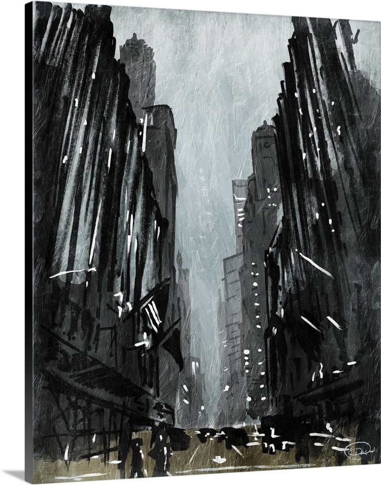 A dark contemporary abstract painting of a city street view on an overcast day.